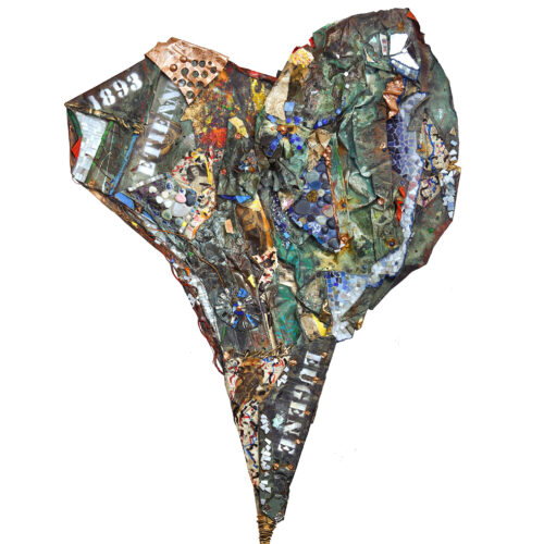 Coeur en Mosaique - 2026 - Cuivre recyclé et technique mixte provenant de l’ancien toit du château frontenac sur toile monté sur contre - plaqué